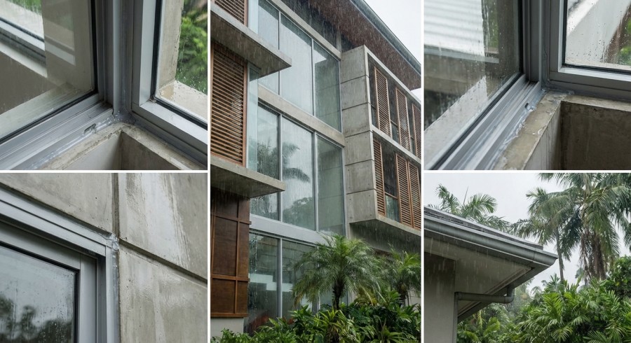Tropical building facade with rain