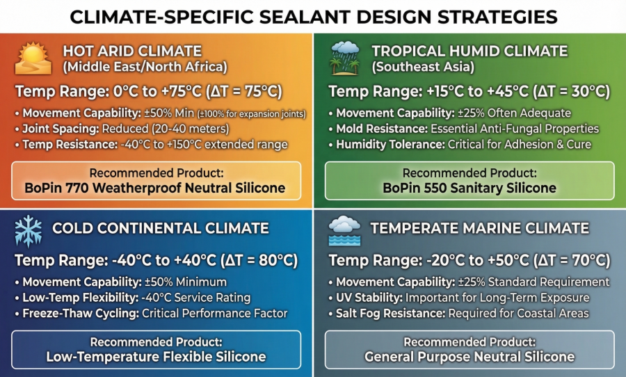 Climate-specific sealant joint design strategies comparing hot arid, tropical humid, cold continental, and temperate marine conditions