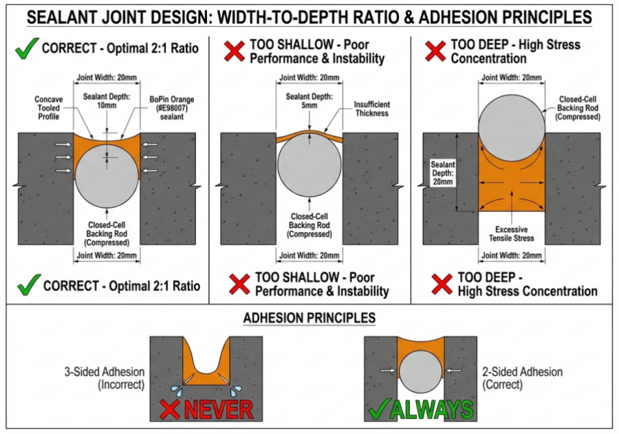 Sealant joint design cross-section showing correct 2:1 width-to-depth ratio with backing rod versus incorrect shallow and deep configurations