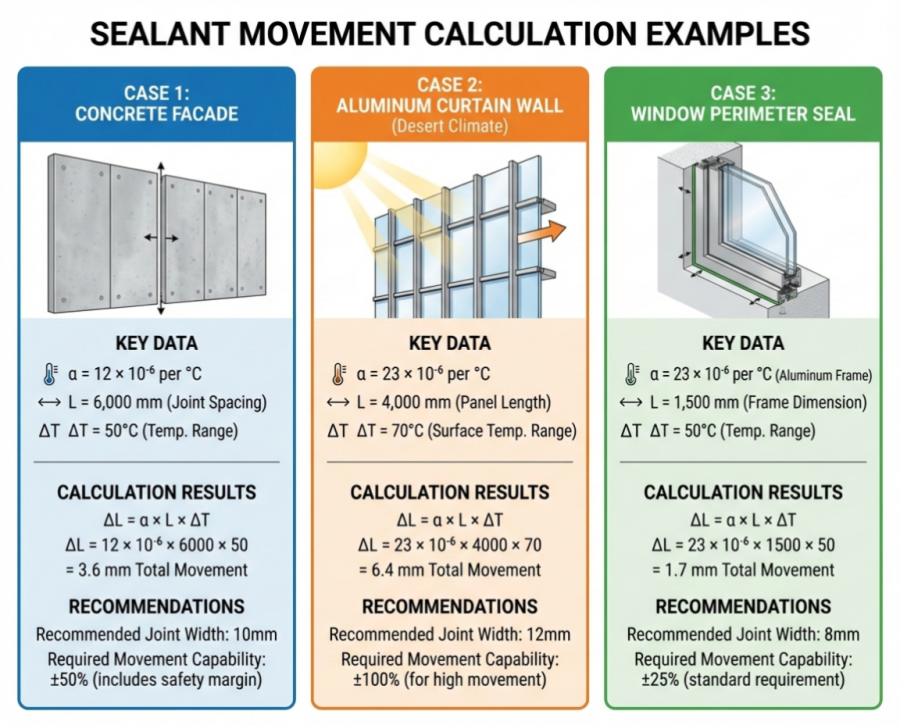 Three practical sealant movement calculation examples for concrete wall, aluminum curtain wall, and window frame applications