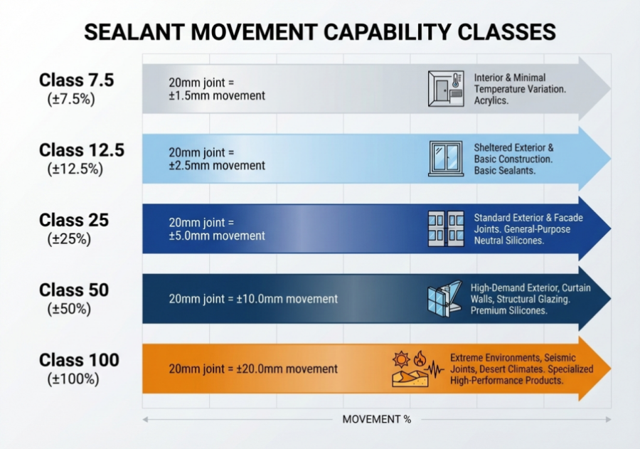 Sealant movement capability classification chart from Class 7.5 to Class 100 showing typical applications for each rating