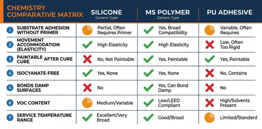 MS polymer vs silicone vs polyurethane adhesive comparison for construction bonding