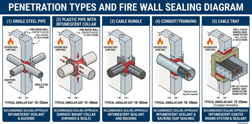 Types of fire wall penetrations: steel pipe, plastic pipe, cable bundle, conduit, cable tray — firestop sealing requirements