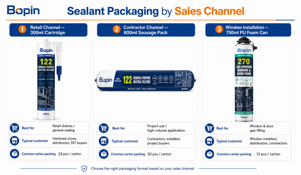 Sealant packaging formats for different sales channels