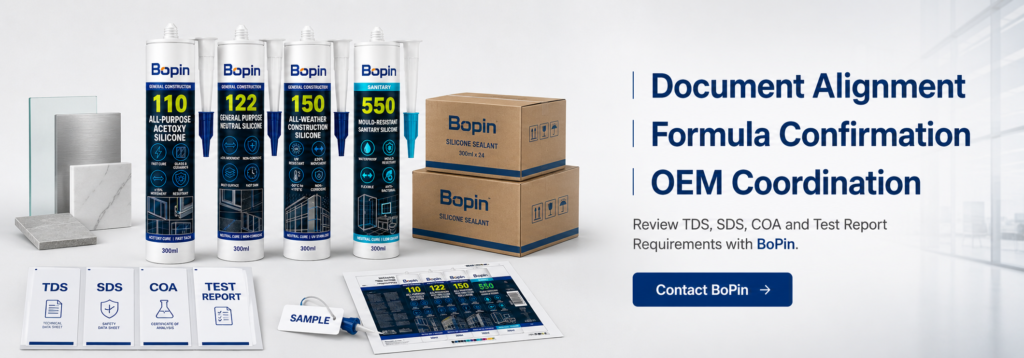 Review sealant TDS SDS COA and test report requirements with BoPin