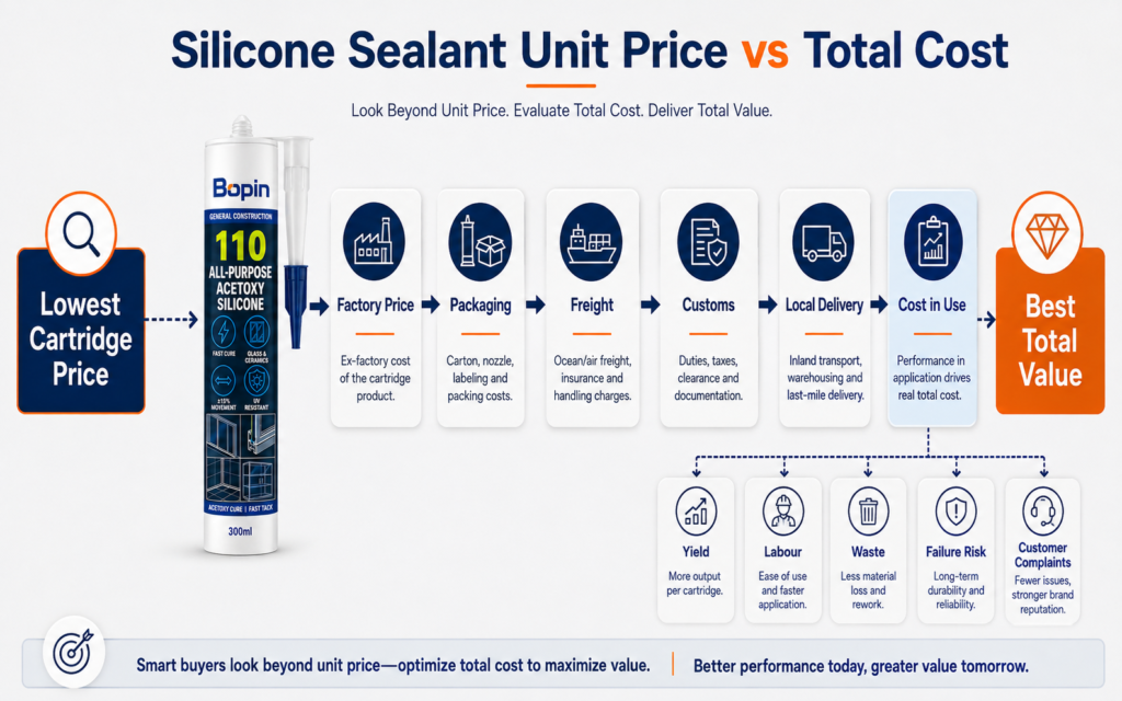 Silicone sealant unit price compared with landed cost and cost in use