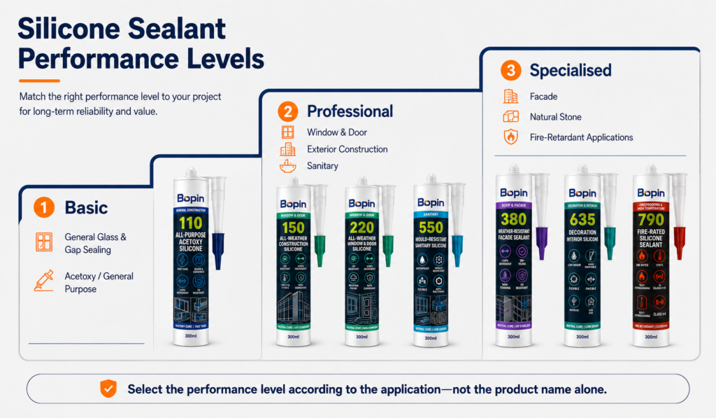 Silicone sealant performance levels and price positioning